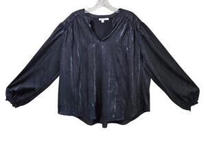 CHICO'S 3.5 Women Plus 18 Blouse Satin Shimmery Black Balloon Sleeve Pleated 50"